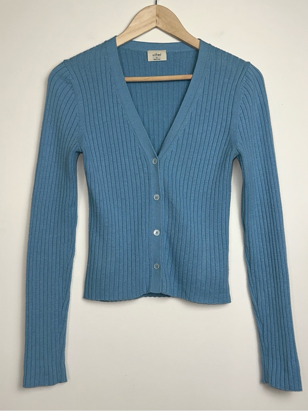 Wilfred x Aritzia Manila Fine Merino Wool Cotton Blend Cardigan in Steel Blue - Picture 13 of 13